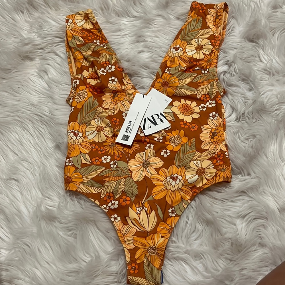 ZARA Orange Flower Print One Piece Bathing Suit Size S